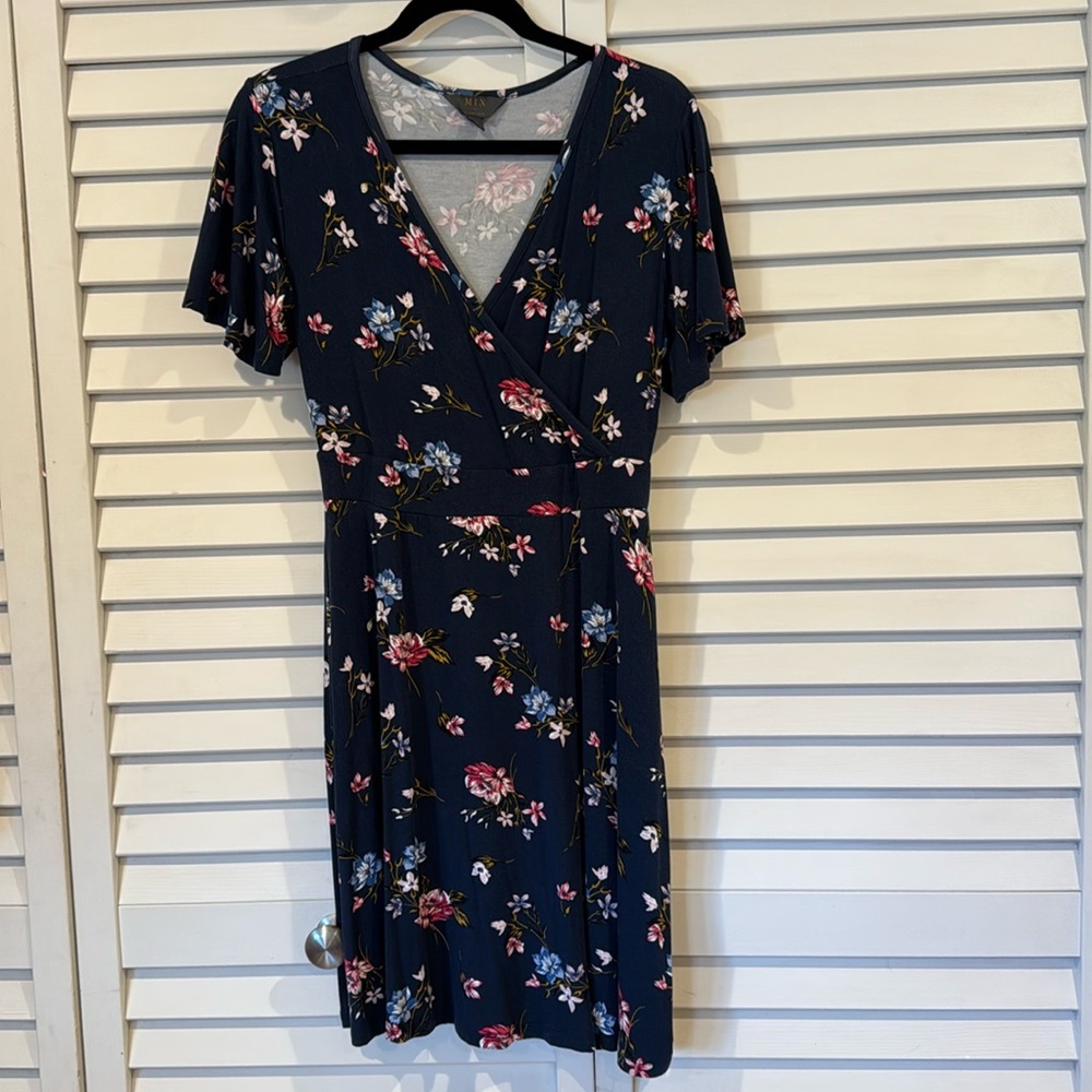 Navy Floral Knit Faux Wrap Dress
